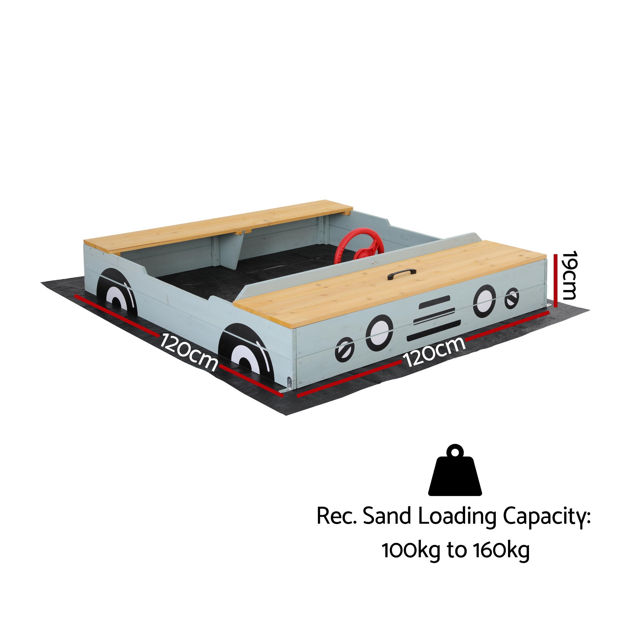 Keezi Wooden Car Sandpit Kids Sandbox Outdoor Play Toy w/ Storage Ground Sheet 120cm