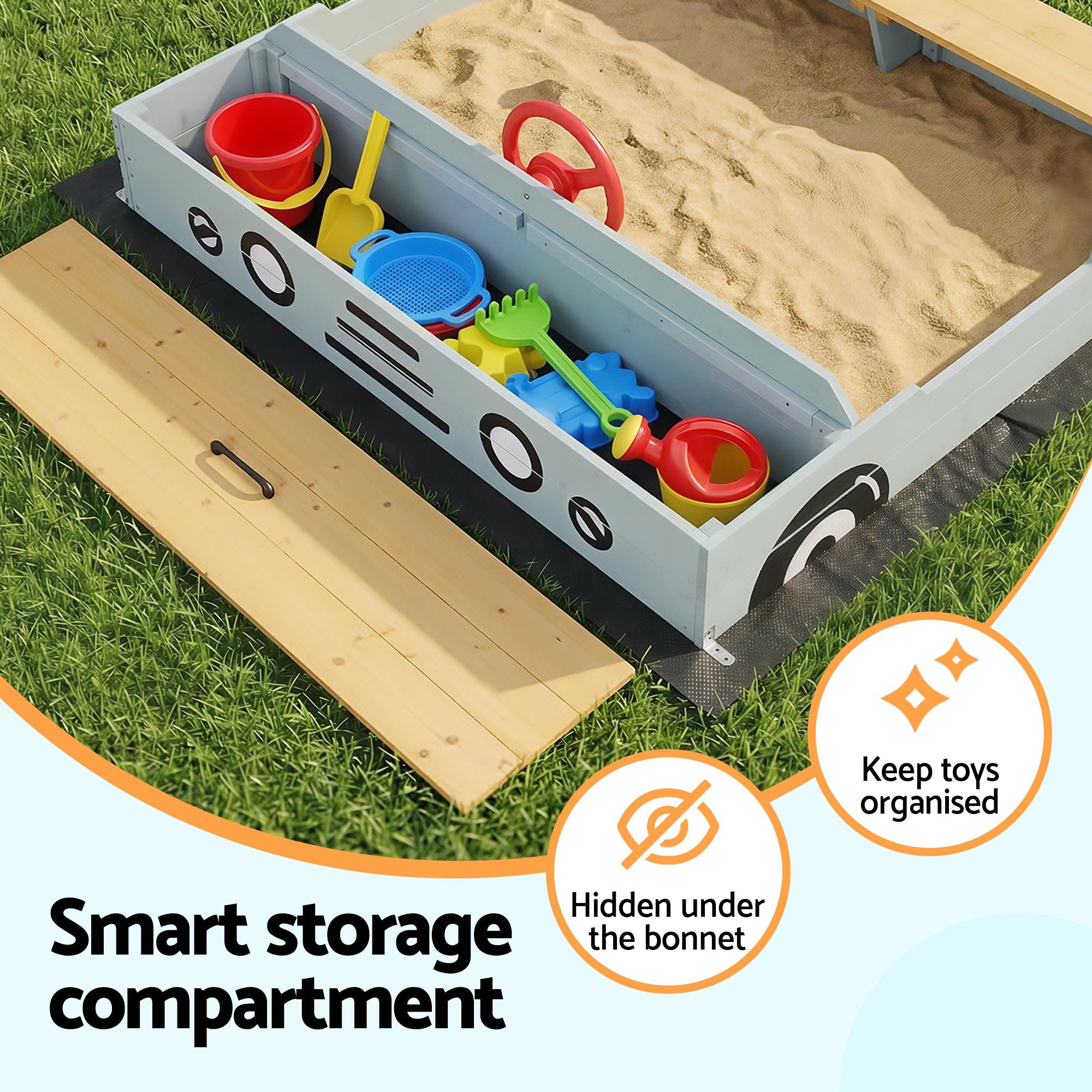 Keezi Wooden Car Sandpit Kids Sandbox Outdoor Play Toy w/ Storage Ground Sheet 120cm